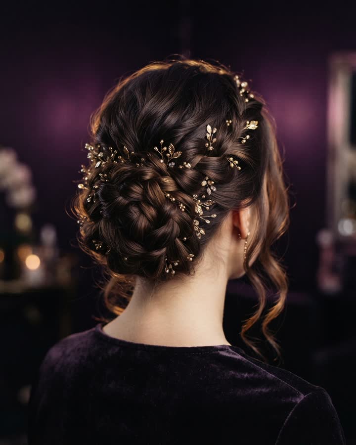 Penteado preso trançado com detalhes dourados