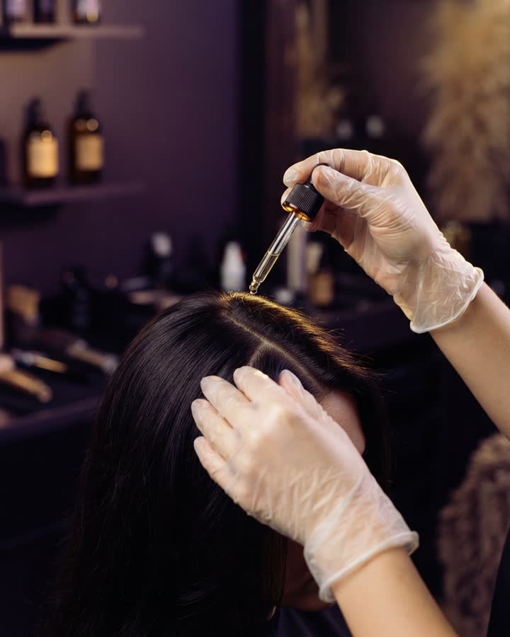 Aplicação de sérum no couro cabeludo durante sessão de terapia capilar